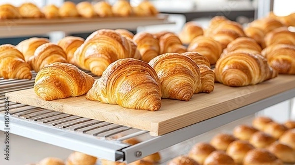 Fototapeta Freshly baked croissants arranged on a cooling rack in a bakery, showcasing a golden-brown, flaky texture.
