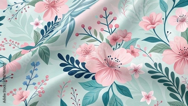 Obraz A seamless pattern featuring pink and white flowers on a soft blue background with green and blue leaves.