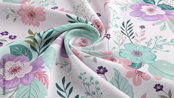 Obraz A swirling floral pattern in soft pastel hues of pink, purple, mint green, and white on a white background, creating a romantic and delicate design.