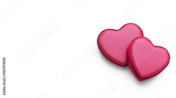 Fototapeta Heart-shaped pink gift boxes featuring ribbons on a white backdrop, presented from a top angle, perfect for Mother's Day or Women's Day