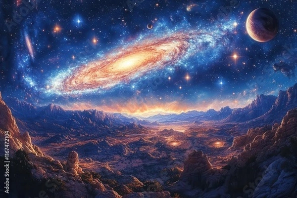 Fototapeta vast cosmic scene featuring planets stars and distant galaxies aweinspiring colors and details capturing the beauty and mystery of space exploration