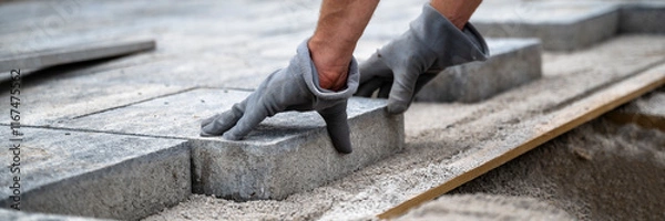 Fototapeta Precisely placing a pavement stone on prepared surface