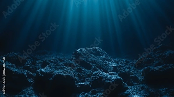Obraz Sunbeams Illuminate Deep Ocean Rocky Seabed