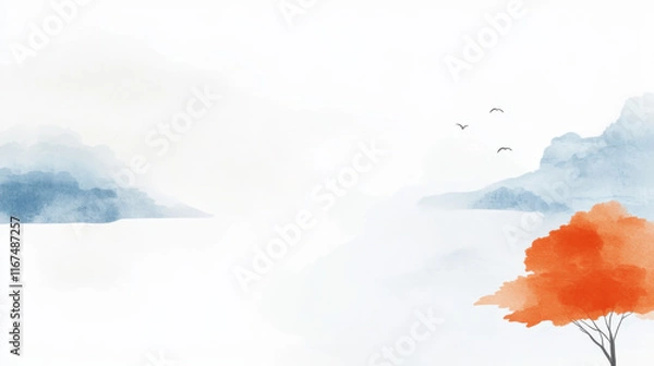 Fototapeta Vibrant Painting of a Serene Tree with a Bird Soaring in the Sky - Freedom