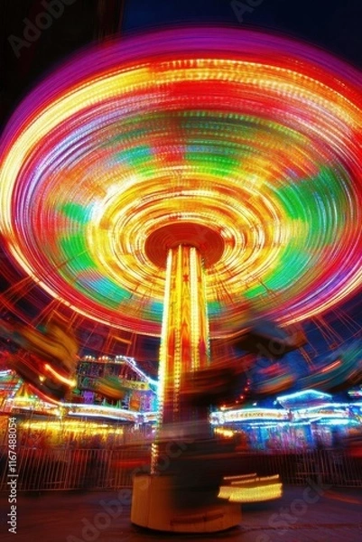 Fototapeta A vibrant carousel spinning at night, illuminated by colorful lights.