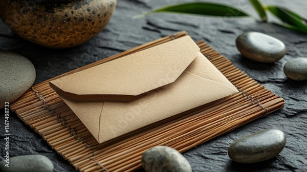 Fototapeta A kraft envelope rests on a bamboo mat, surrounded by smooth stones. A serene and minimalist scene.