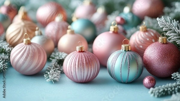 Fototapeta A collection of pastel Christmas ornaments arranged among frosted greenery.