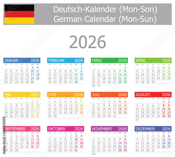 Obraz 2026 German Type-1 Calendar Mon-Sun on white background