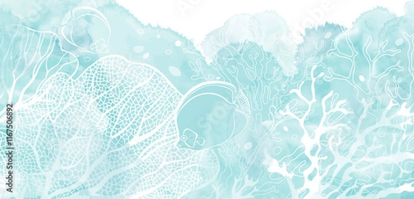 Fototapeta Art sea background.  Pre-made design with fish, underwater plants, corals and watercolor splash. Template design for text, packaging and prints.