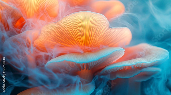 Fototapeta Close-up of a vibrant yellow sulfur cap mushroom with intricate texture symbolizing nature's complexity, with blurred caption space on the side and a chaotic background

