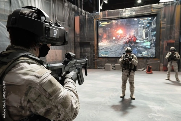 Fototapeta Military personnel training with virtual reality technology in simulation