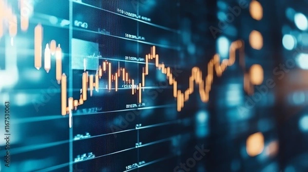 Fototapeta Digital display of stock market data with a glowing graph. The image captures the dynamic fluctuations of stock prices, essential for financial analysis and trading decisions.