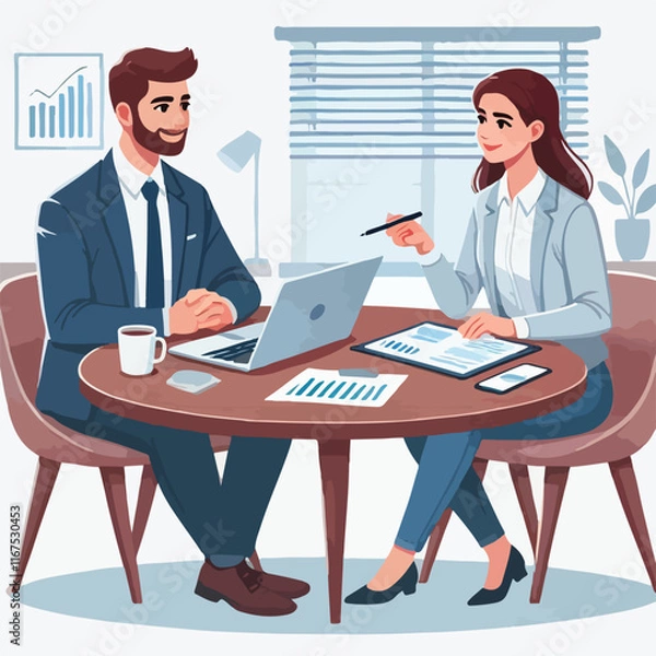 Fototapeta Partners meeting for business discussion with documents and laptop on desk. Couple at round table, speaking, discussing work, partnership. Flat vector illustration isolated on white background