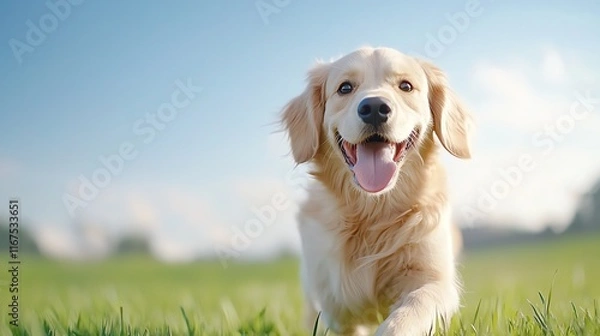 Fototapeta Cheerful golden retriever playfully bounds across a lush green field under a clear blue sky, radiating joy and energy