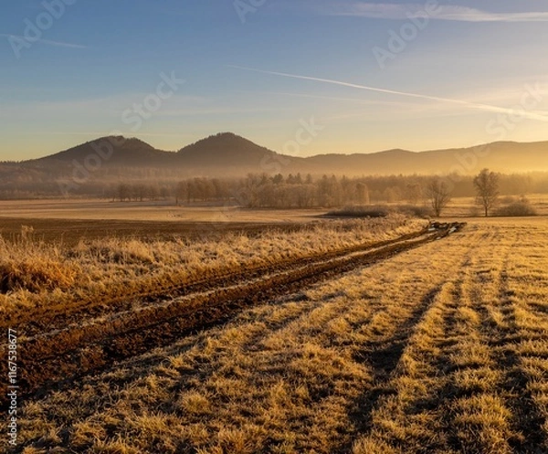 Fototapeta Sunrise in Rudawy Janowickie. View of Rudawy Janowickie. Frozen field at sunrise