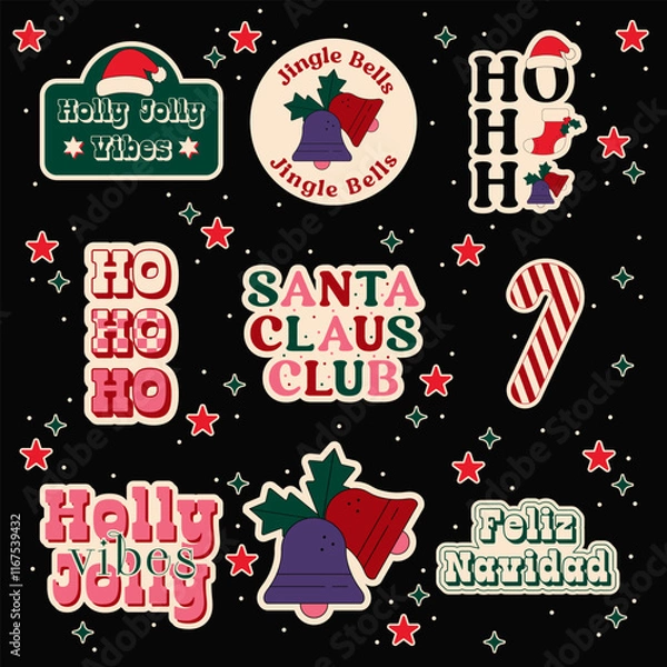 Fototapeta Set of Christmas Stickers. Vector Design Elements. Collection of Holidays. Jingle Bells, Feliz Navidad, Candy Cane, Y2K.