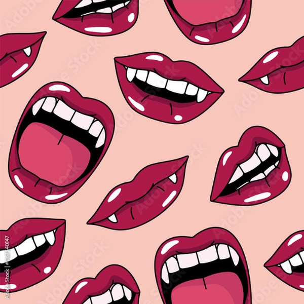 Fototapeta Vampire lips, mouth, teeth seamless pattern, background. Cartoon style simple vector illustrations