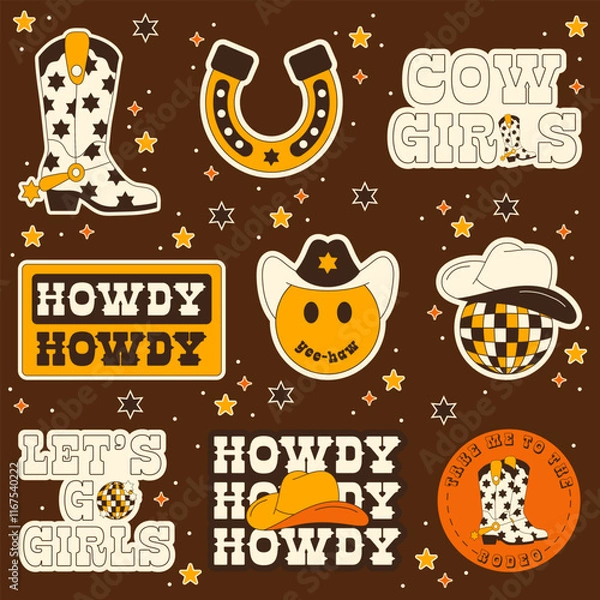 Obraz Set of Cowgirl Stickers. Vector Design Elements. Collection of Cowgirl. Wild West, Western Themed, Y2K.