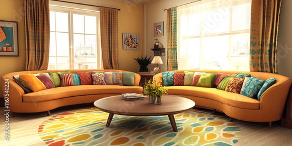 Fototapeta Luxurious Circular Sofa in Dark Elegant Home Theater
