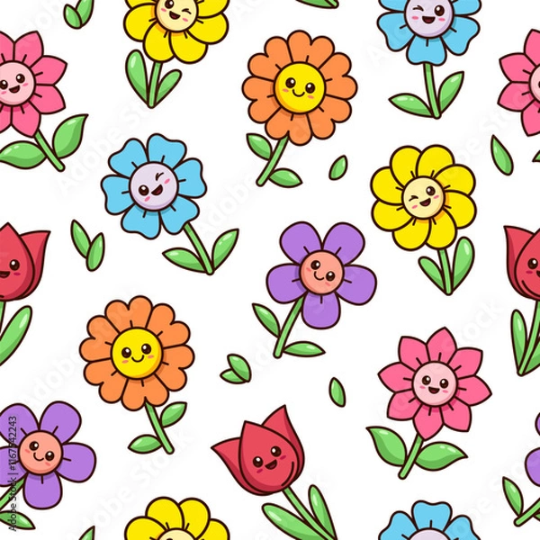 Fototapeta Cute simple kawaii smiling flowers seamless pattern, background.Kids vector cartoon style illustrations