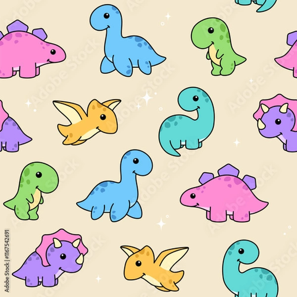 Fototapeta Cute cartoon style kawaii dinos seamless pattern, background. Dinosaurs characters, vector kids illustration