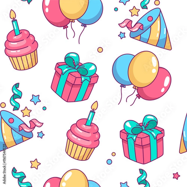 Fototapeta Birthday party accessories, objects seamless pattern, background. Comic cartoon style kawaii illustrations, drawings
