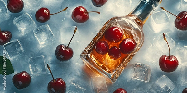 Fototapeta Whiskey Bottle Surrounded by Ice and Cherries