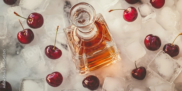 Fototapeta Whiskey Bottle Surrounded by Ice and Cherries