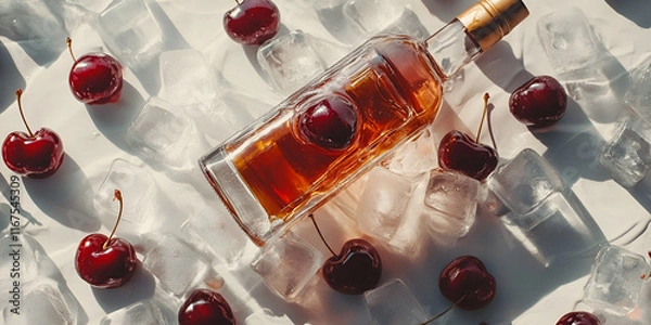 Fototapeta Whiskey Bottle Surrounded by Ice and Cherries