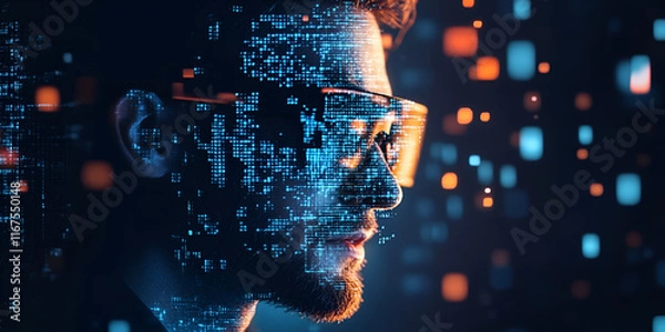 Fototapeta Man with VR Headset Dissolving into Pixels