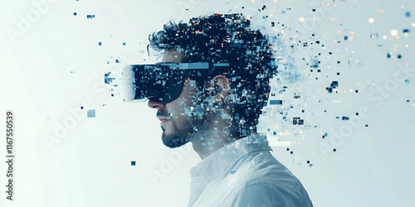 Fototapeta Man with VR Headset Dissolving into Pixels
