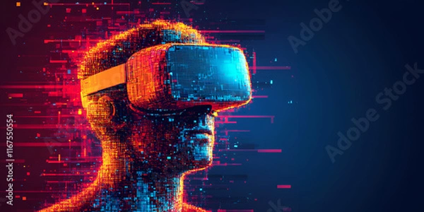 Fototapeta Man with VR Headset Dissolving into Pixels