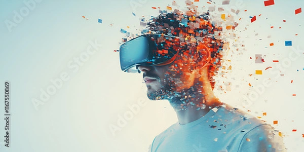 Fototapeta Man with VR Headset Dissolving into Pixels