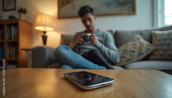 Fototapeta Man relaxing on a couch with a cup in hand while a smartphone lies on the table in a cozy living room setting