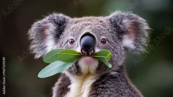 Fototapeta A koala with a leaf mustache strikes a funny pose