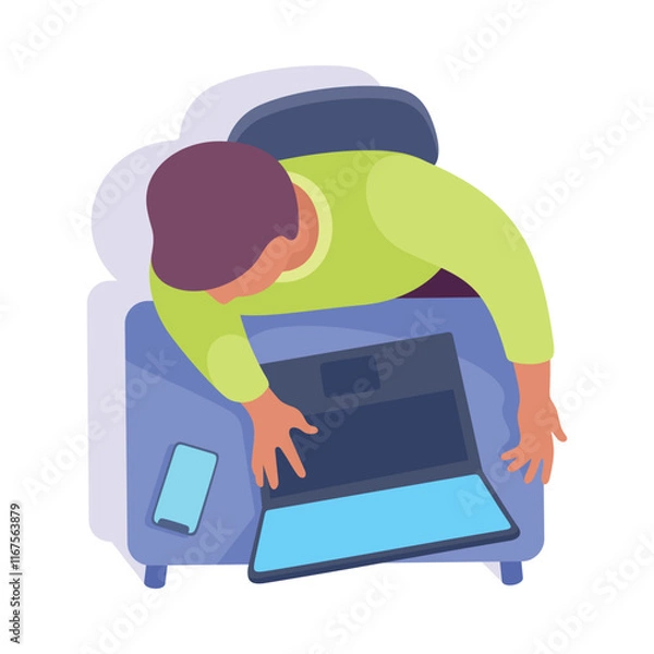 Fototapeta Sitting Man Office Worker on Chair at Table Above View Vector Illustration