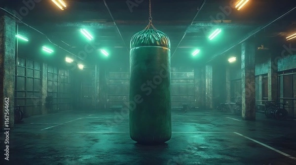 Fototapeta A boxing ring with a green punching bag in the center