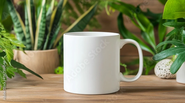 Fototapeta A plain white mug sits on a wooden surface surrounded by lush green plants. The tranquil scene evokes a sense of calm and relaxation.
