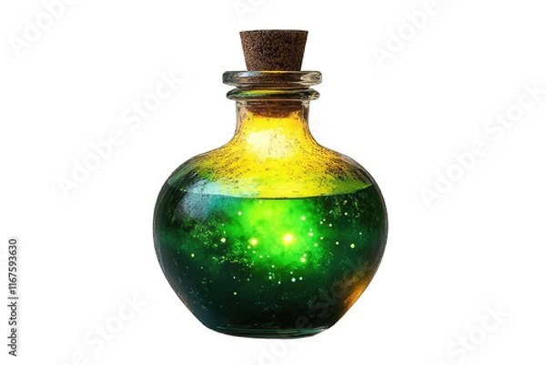 Fototapeta Green Potion in a Glass Bottle With Cork Against PNG Background