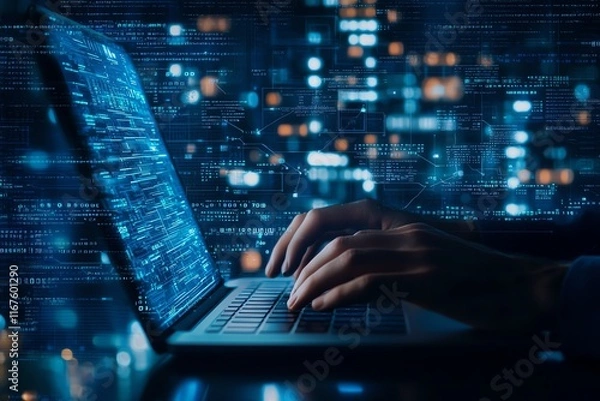 Obraz Close-up of hands typing on a laptop keyboard with digital code overlay. Represents concepts of coding, cybersecurity, and modern technology in a dynamic digital environment.
