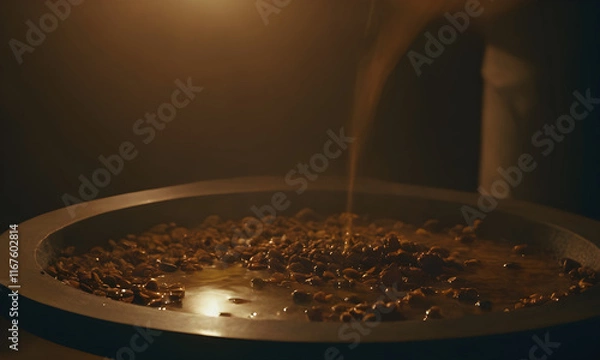 Obraz Worker pouring coffee beans into water for decaffeination process