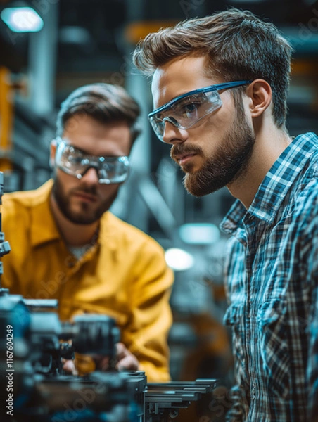 Obraz Engineers collaborate on advanced robotics technology in factory