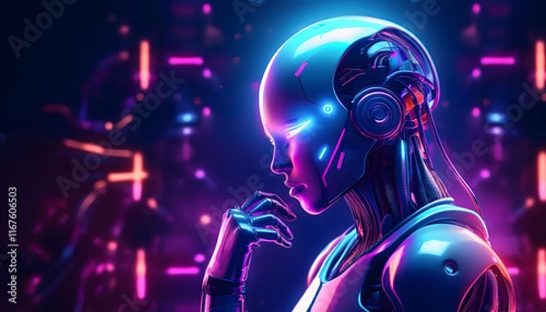 Fototapeta A digital human robot thinking with hand on chin and hologram icons in background