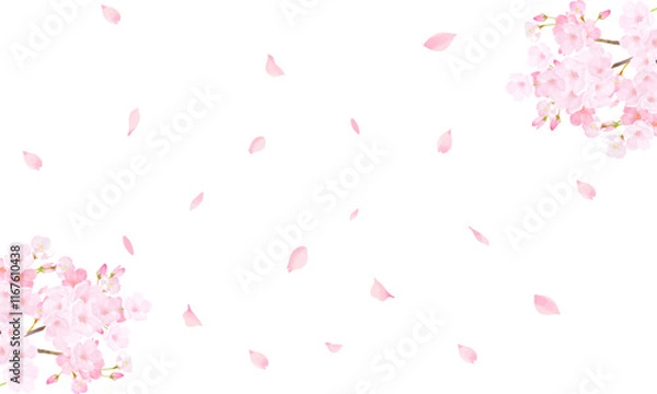 Obraz 桜の木ー美しい薄いピンク色の桜の花と花びら春の水彩白バックフレーム背景素材イラスト