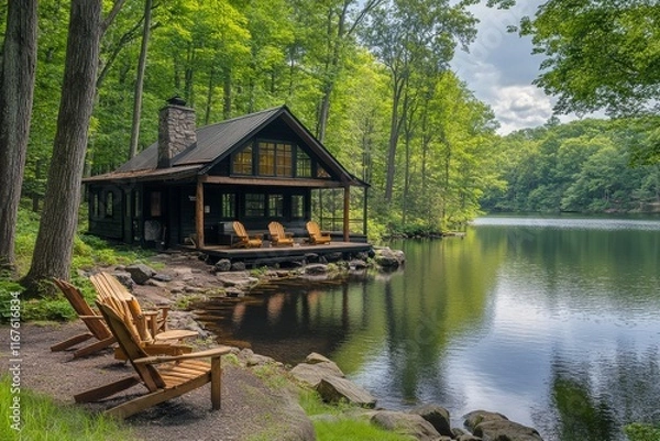 Fototapeta Rustic cabin by a serene lake surrounded by tall trees in a tranquil woodland setting