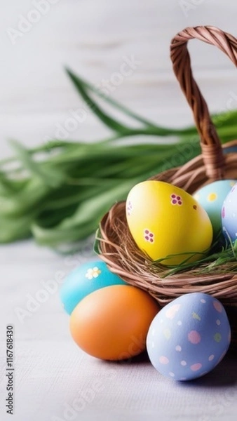 Obraz easter eggs in a basket with flowers