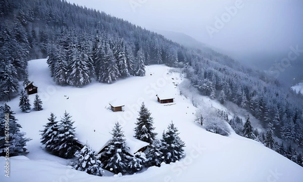 Obraz Snow covered log cabins nestled in a pine forest during snowfall