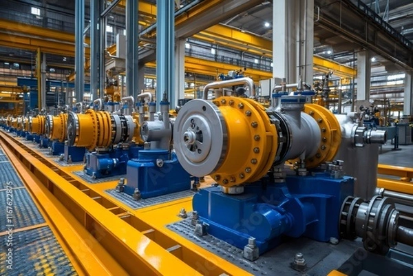 Fototapeta Industrial pumps operating in modern factory setting