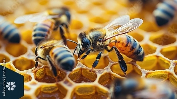 Fototapeta Close-up of bees on honeycomb, illustrating pollination and honey production.