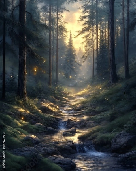 Fototapeta Sunlit forest stream with fireflies.